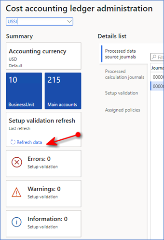 Screenshot of the Refresh data link on the Setup validation refresh tile.