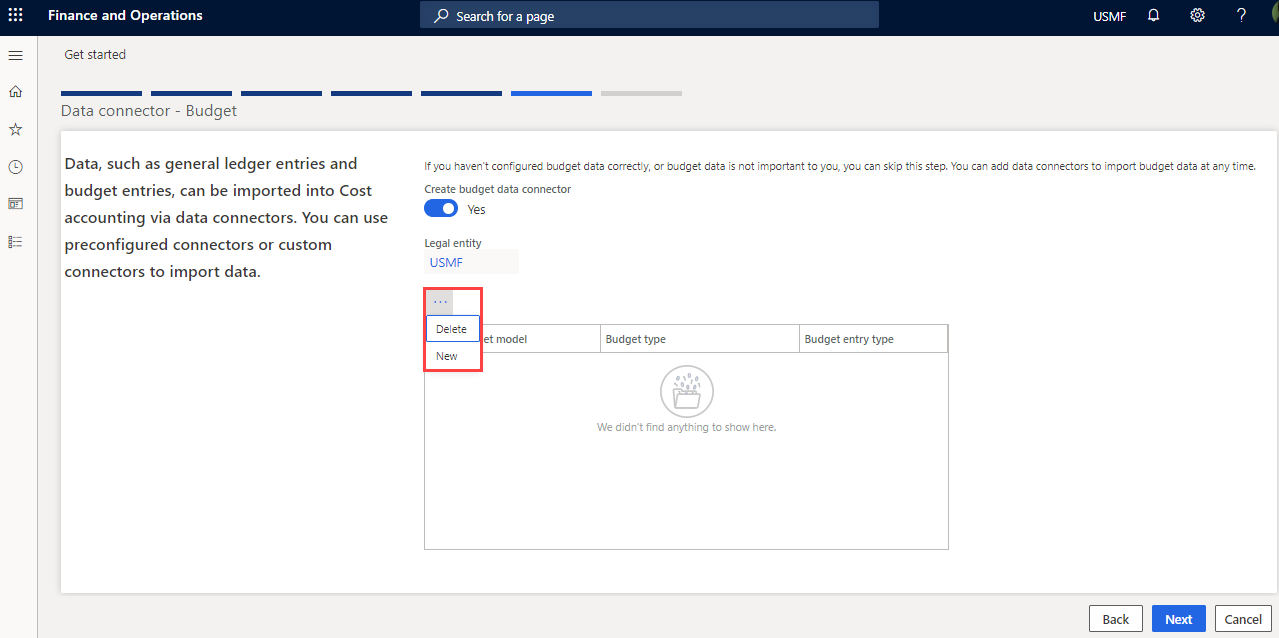 Screenshot of the Cost accounting Get started wizard, showing the Create budget data connector option.