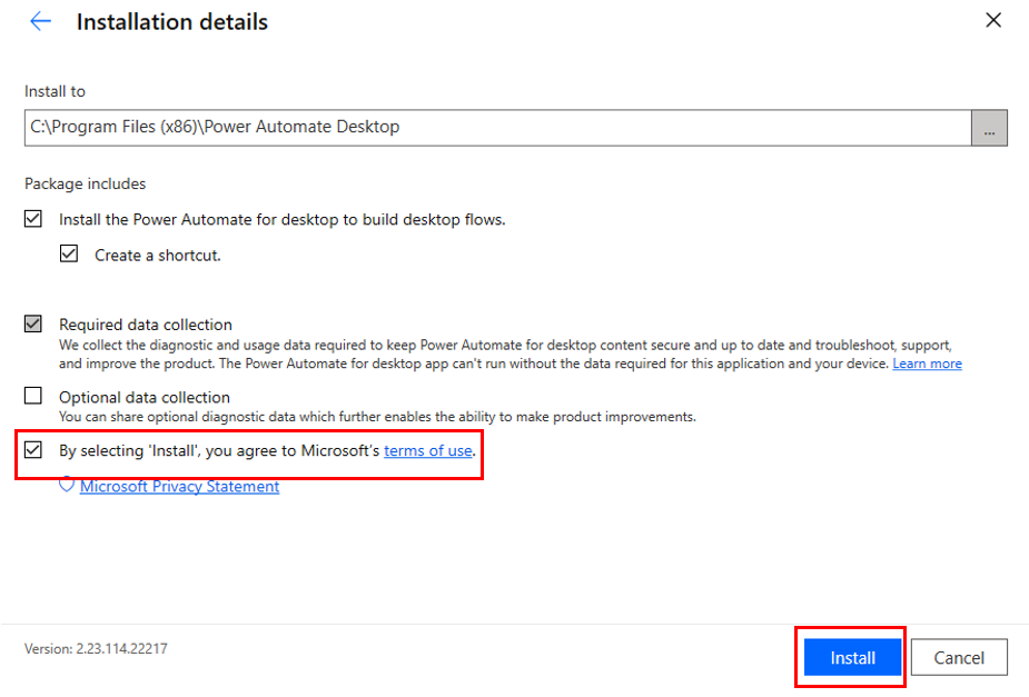 Screenshot of the Power Automate for desktop installation details.