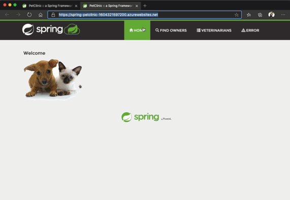 Skjermbilde av det distribuerte eksempelprogrammet for dyreklinikker.