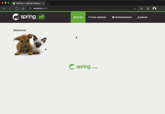 Skjermbilde som viser klikking gjennom den lokale distribusjonen av eksempelprogrammet for dyreklinikker.