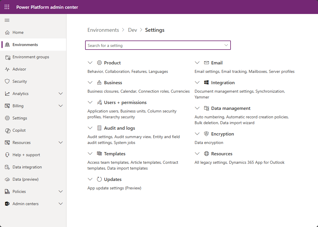 Screenshot showing the settings on an environment.