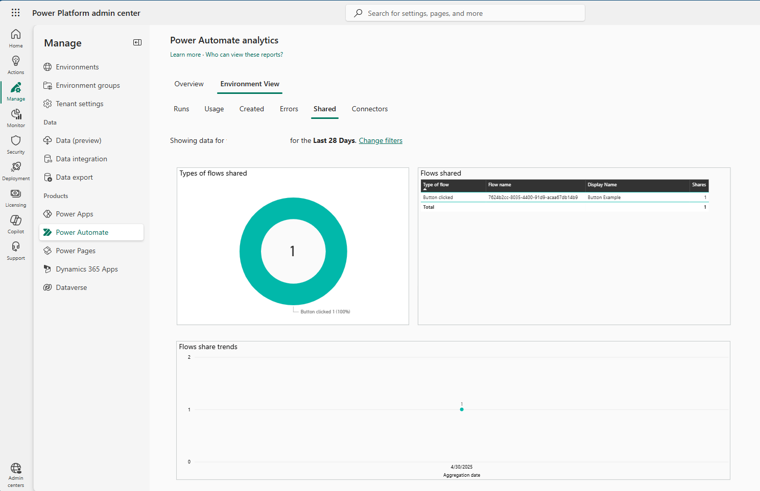 Screenshot of Power Automate on the Shared tab.
