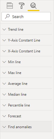 Bilde som viser Analyse-ruten. Inndelinger inkluderer trendlinje og mange andre linjetyper.