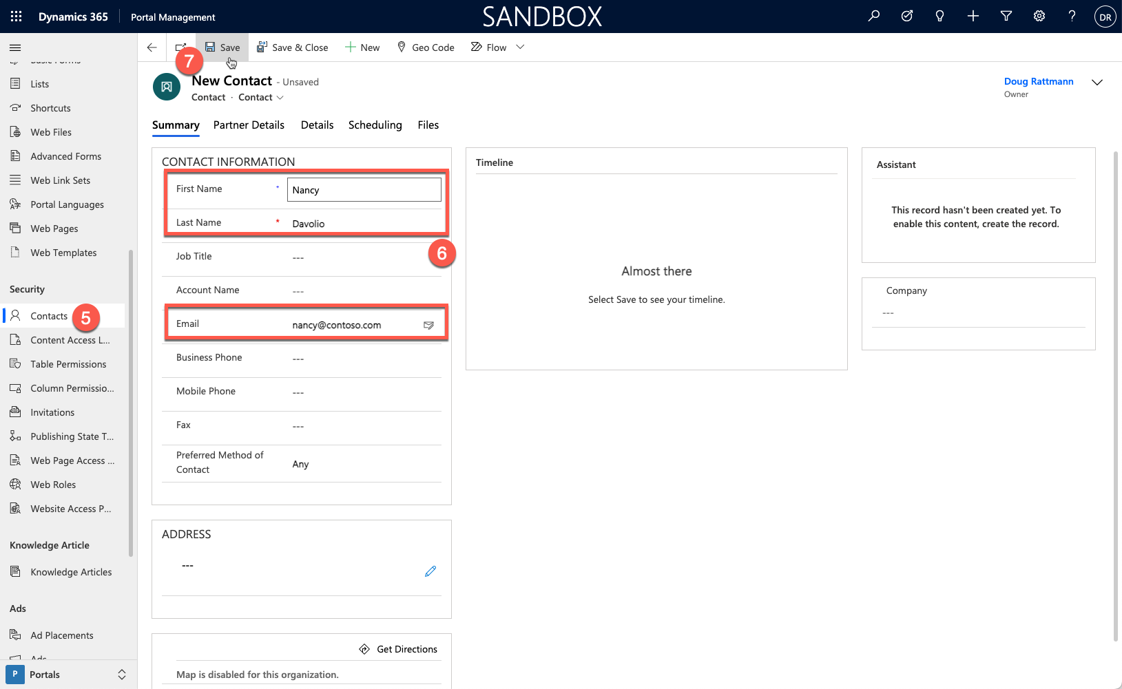 Screenshot of the steps to create a test contact.