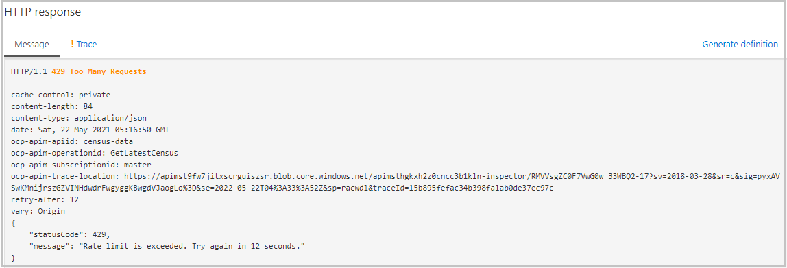 Screenshot of an HTTP response showing a 429 Too Many Requests error.