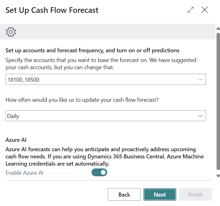 Screenshot of the set up accounts and forecast frequency and predictions options.