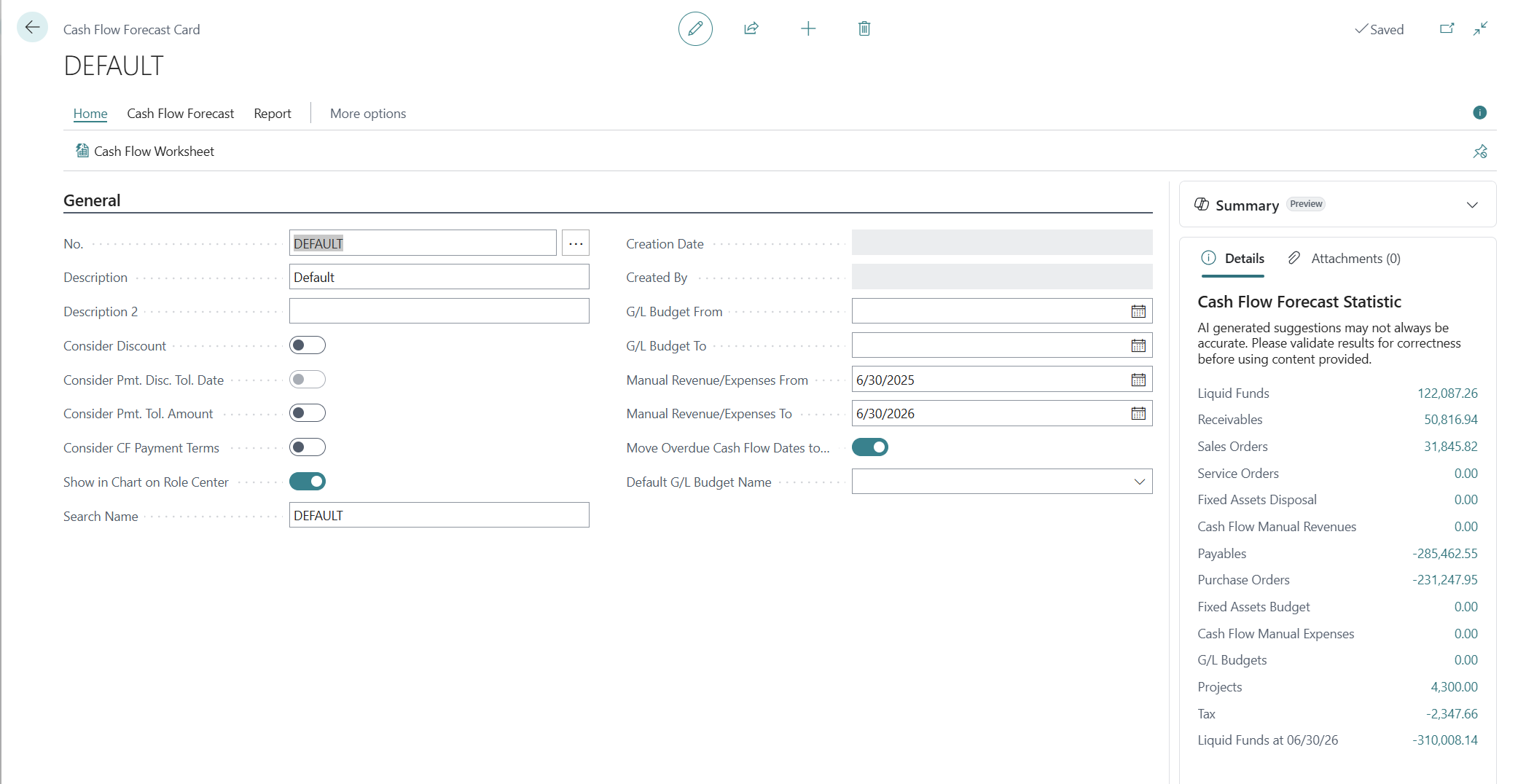 Screenshot of the Cash Flow Default settings.