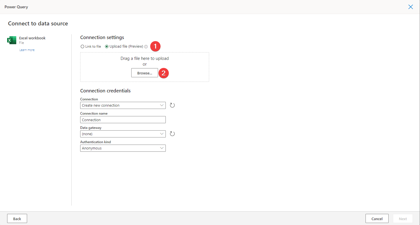 Screenshot of the Connect to data source dialog set to upload an Excel file.