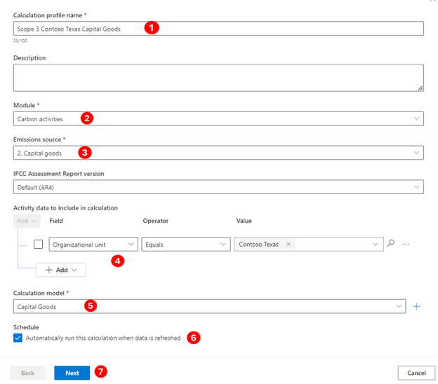 Screenshot of the Calculation profile set up page with the profile name, Emissions source, Activity data, and Calculation model information filled in.