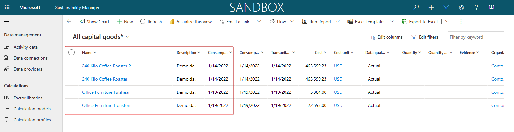 Screenshot of All capital goods with imported activity data records highlighted.