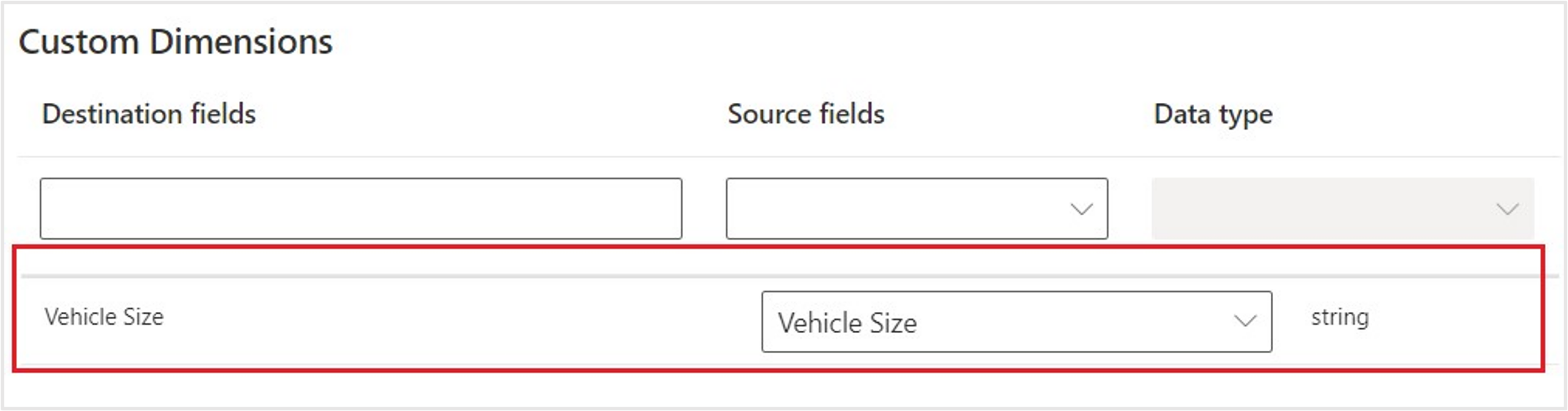 Screenshot of the vehicle size field.