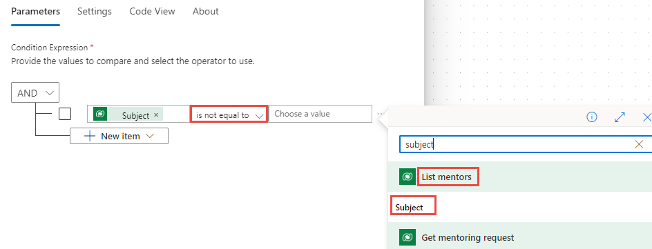 Screenshot showing that the selected subject is not equal to.