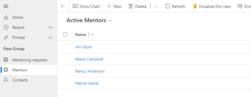 Screenshot showing the created mentors on the Active Mentors screen.