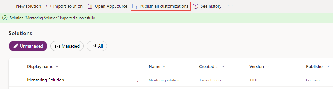 Screenshot showing the Publish all customizations button.