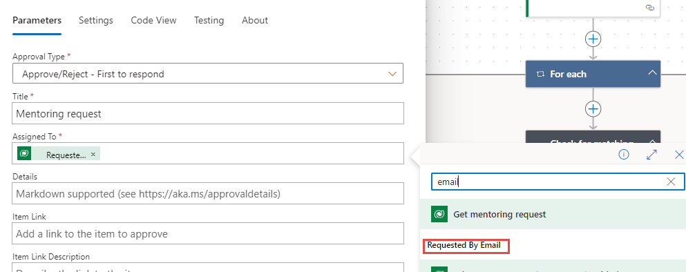 Screenshot showing the Requested By Email value.