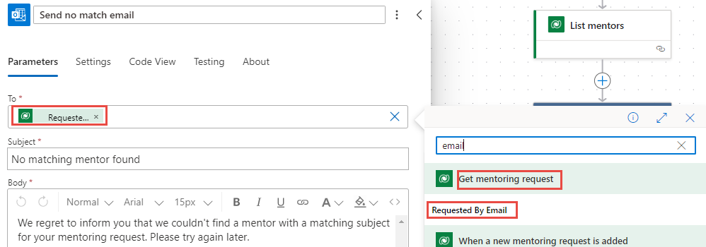 Screenshot of the To field value.