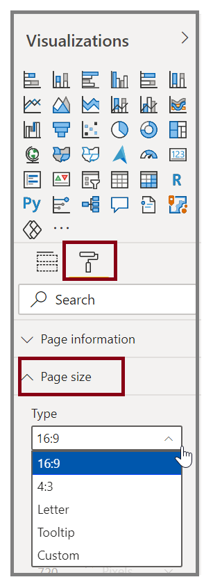 Bilde av alternativene for sidestørrelse under Visualiseringer-ruten.