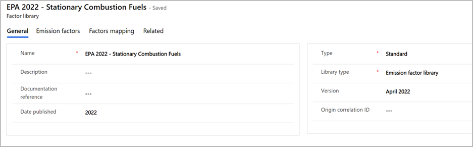 Screenshot representing EPA 2022 - Stationary Combustion Fuels stored in factor library.