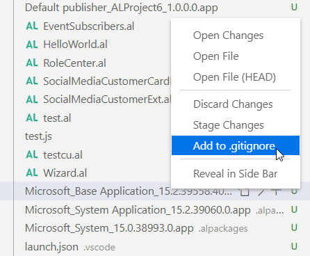 Screenshot of the Add to .gitignore on the right click menu.