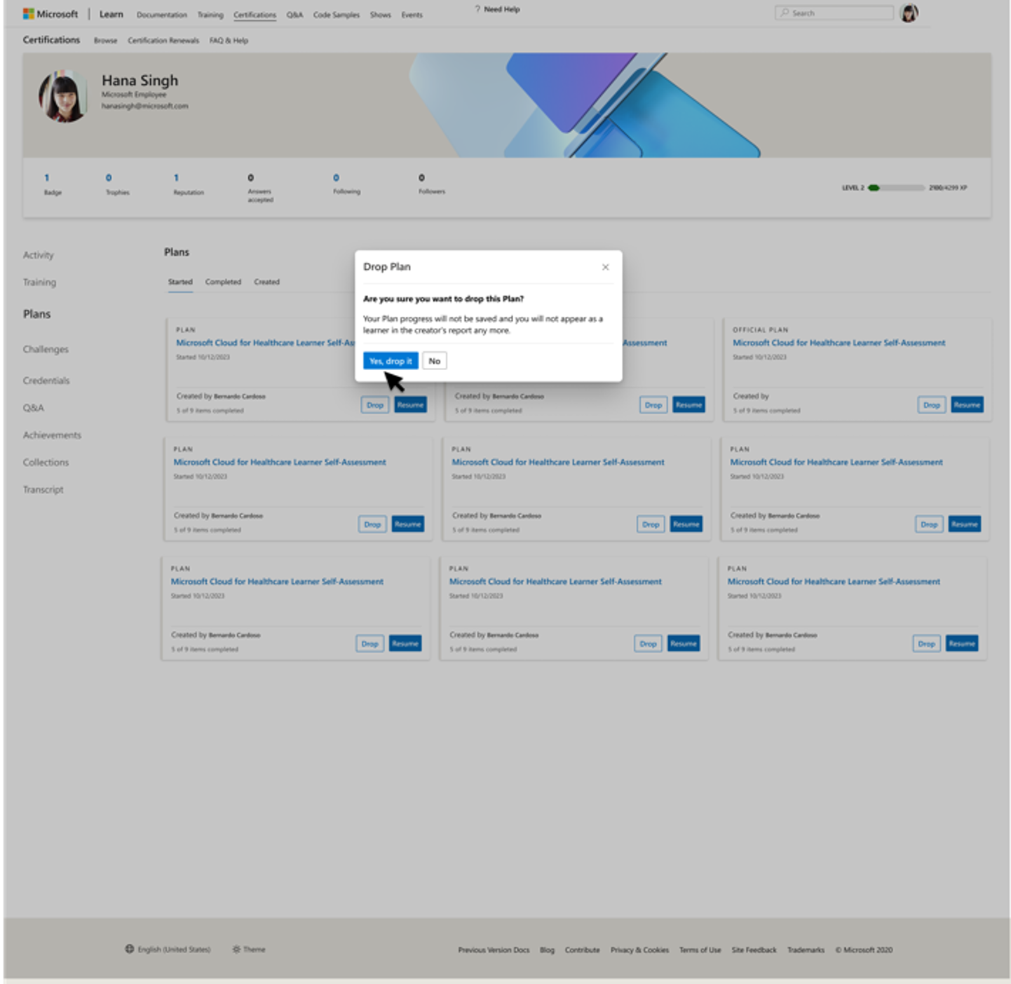 Skjermbilde av modalen som bekrefter at du vil slippe planen.