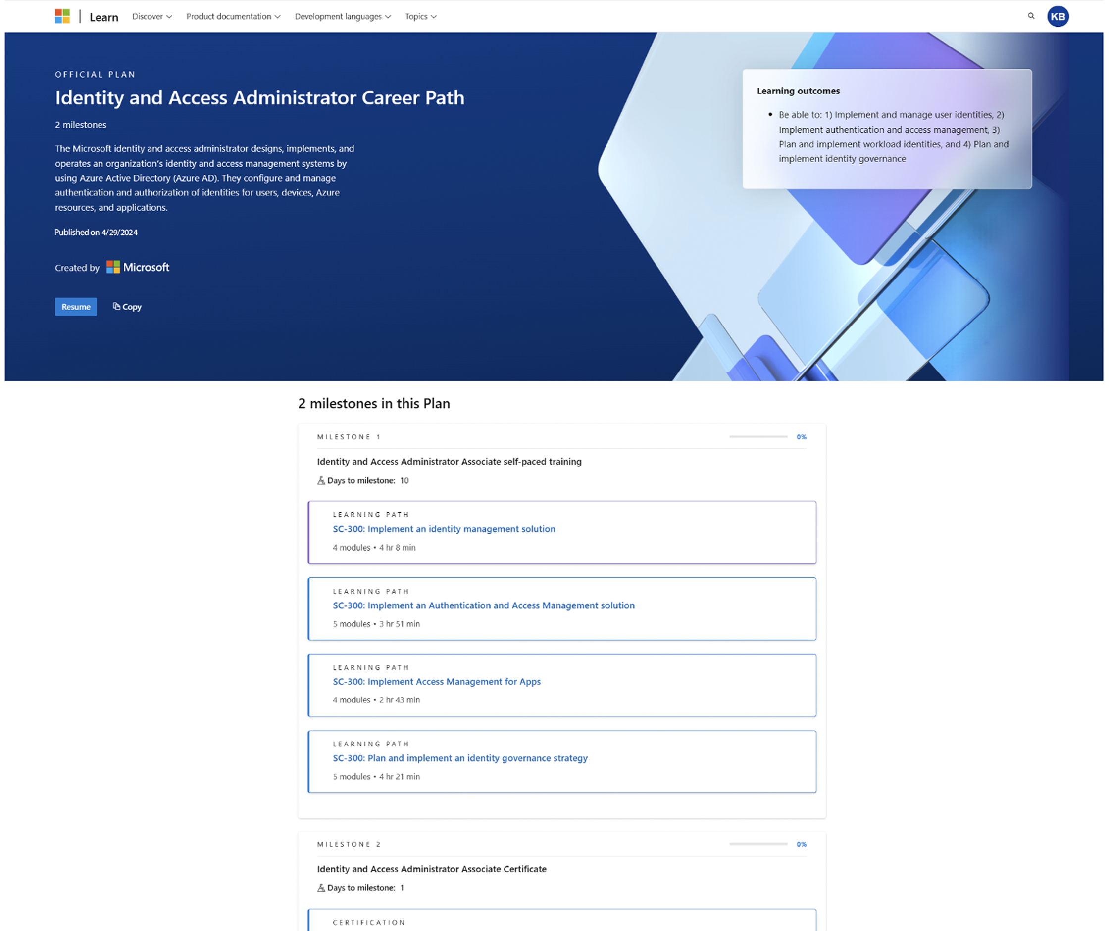 Skjermbilde av gjenopptakelse av en plan ved å klikke CV-knappen i planen