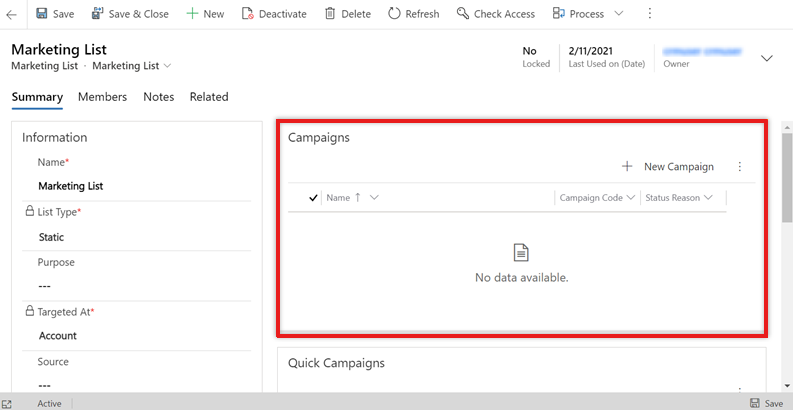Empty campaign list in the Marketing List form in Unified Interface.
