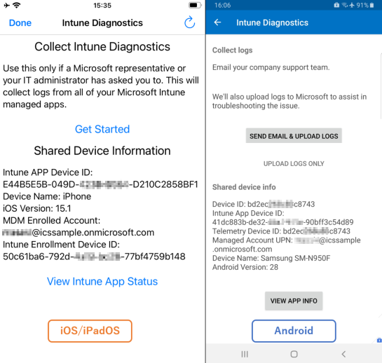 Side-by-side screenshots of Intune Diagnostics on an iOS/iPadOS device (left) and an Android device (right).