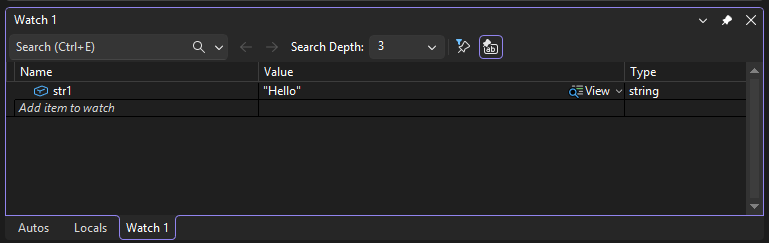 Screenshot that shows the Watch window.