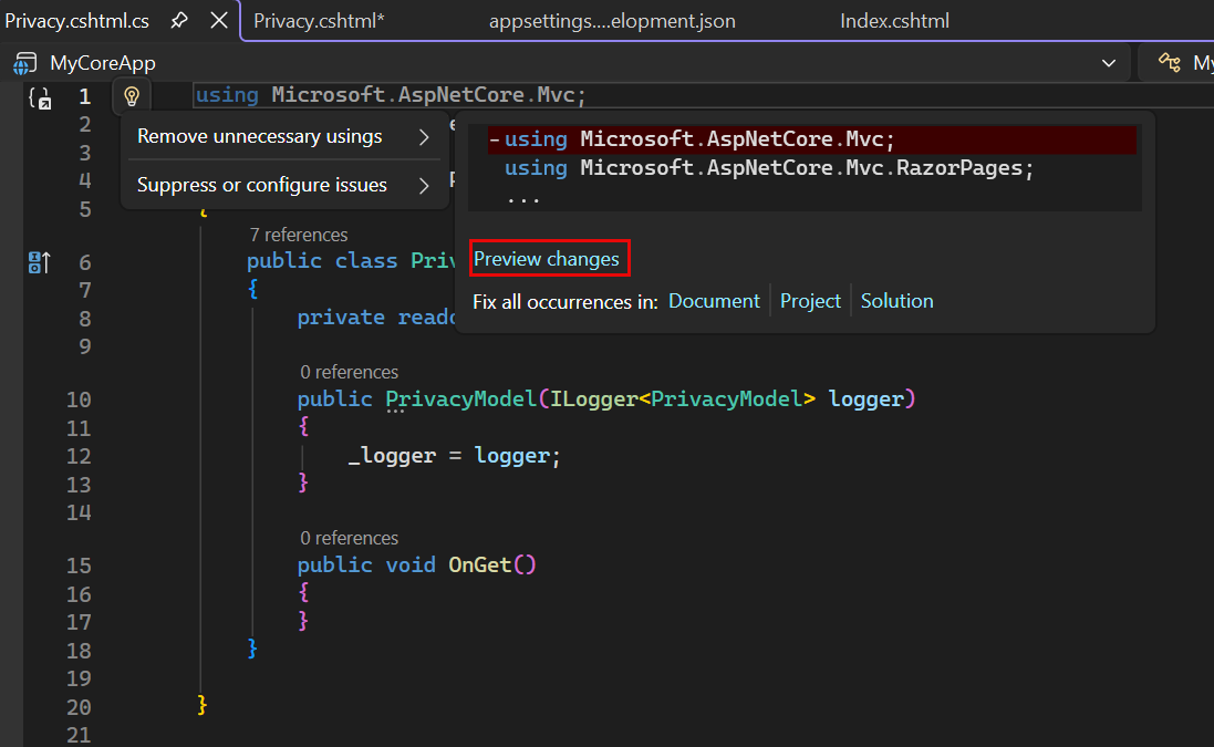 Screenshot shows the Privacy.cshtml file in the Visual Studio Code editor with the Quick Actions tooltip open and Preview changes highlighted.