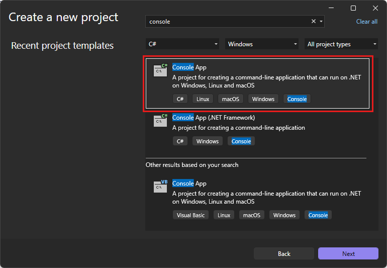 Screenshot of the 'Console Application' template in the 'Create a new project' window of Visual Studio.