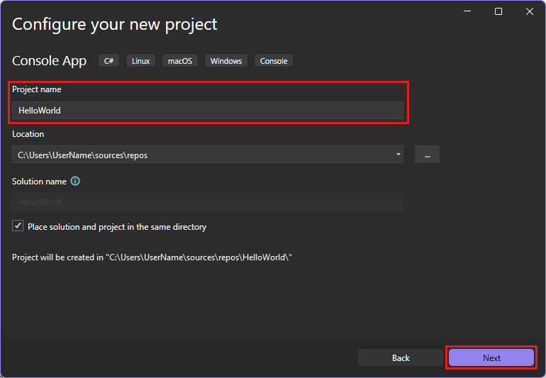 Screenshot of the Configure your new project window with the project name HelloWorld entered.