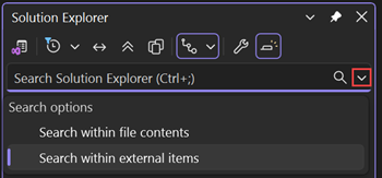 Screenshot of the Solution Explorer search bar and search options in Visual Studio.