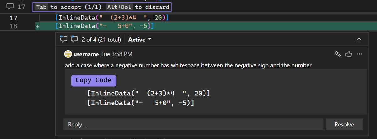 Screenshot showing how to apply a code suggestion from a pull request comment in Visual Studio.