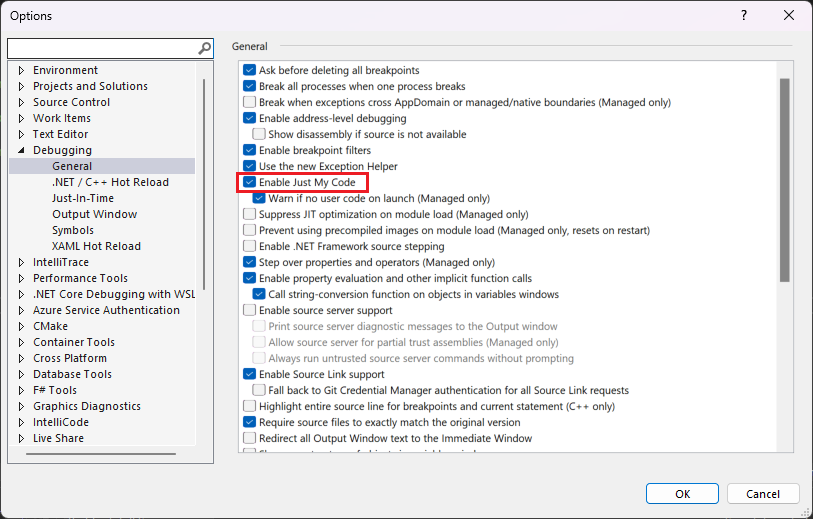 Enable Just My Code Screenshot of Enable Just My Code in the Options dialog box.