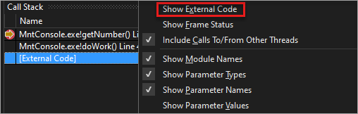 Show External Code Screenshot of Show External Code in the Call Stack window.