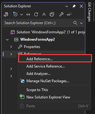 Screenshot of the Add Reference menu.