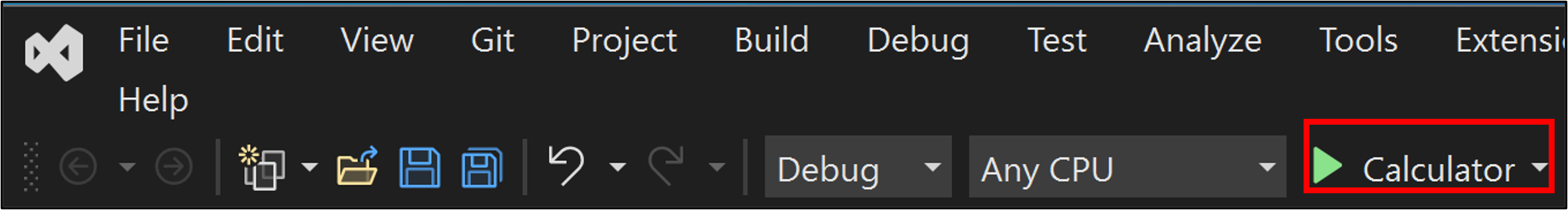 Screenshot that showing selecting the Calculator button to run the app from the Debug toolbar.