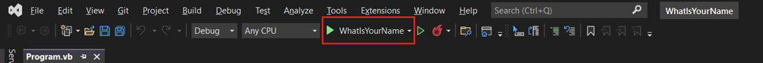 Screenshot showing the 'What Is Your Name' button highlighted in the Visual Studio toolbar.