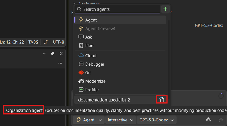 Screenshot of the Visual Studio agent picker showing organization agents, their source organizations, and buttons that open agent definitions.
