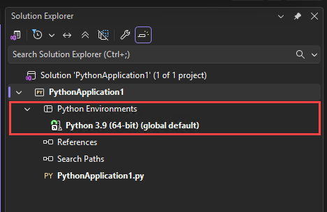 Screenshot that shows the Python Environments node in Solution Explorer in Visual Studio.