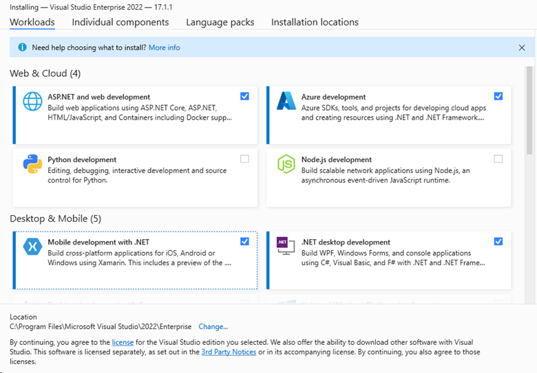 Screenshot showing the available customization options on the "Workloads" tab for Visual Studio Enterprise.