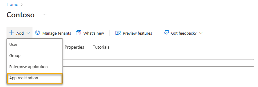 Screenshot that shows how to add a new app registration.