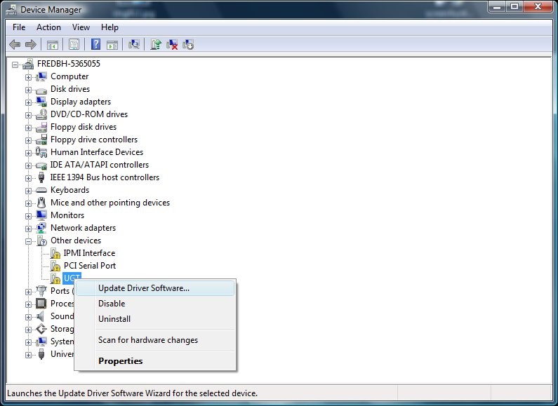 Screenshot that shows "Device Manager" with "U G T" right-clicked and "Update Driver Software..." selected.