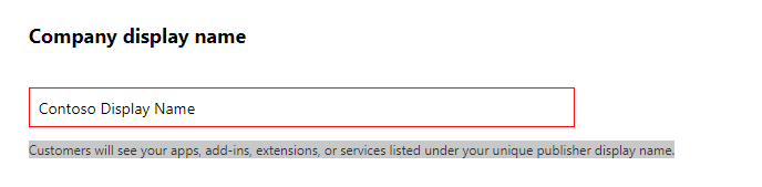 Screenshot of the Company display name textbox in the Hardware Developer Program registration process. The textbox has the value 'Contoso Display Name' 