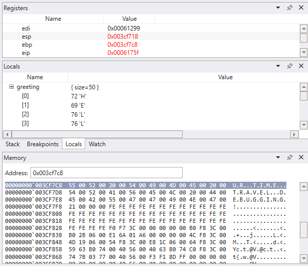Screenshot of the debugger displaying the Registers, Stack, and Memory windows.