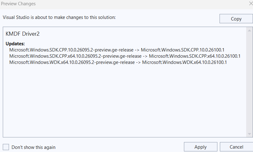 screenshot of Visual Studio NuGet packages update apply dialog