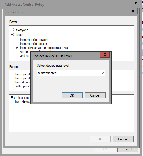 Screenshot that shows how to select the device trust level.