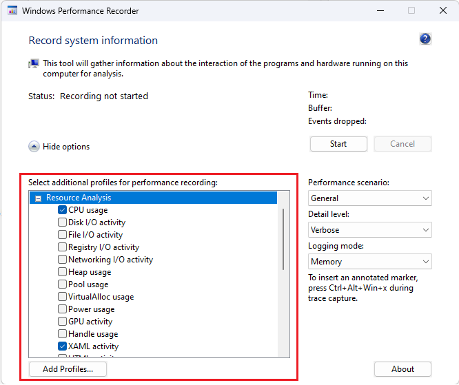 Screenshot of the Windows Performance Recorder with CPU usage and XAML activity profiles selected.