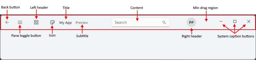 Screenshot showing the parts of a title bar control.